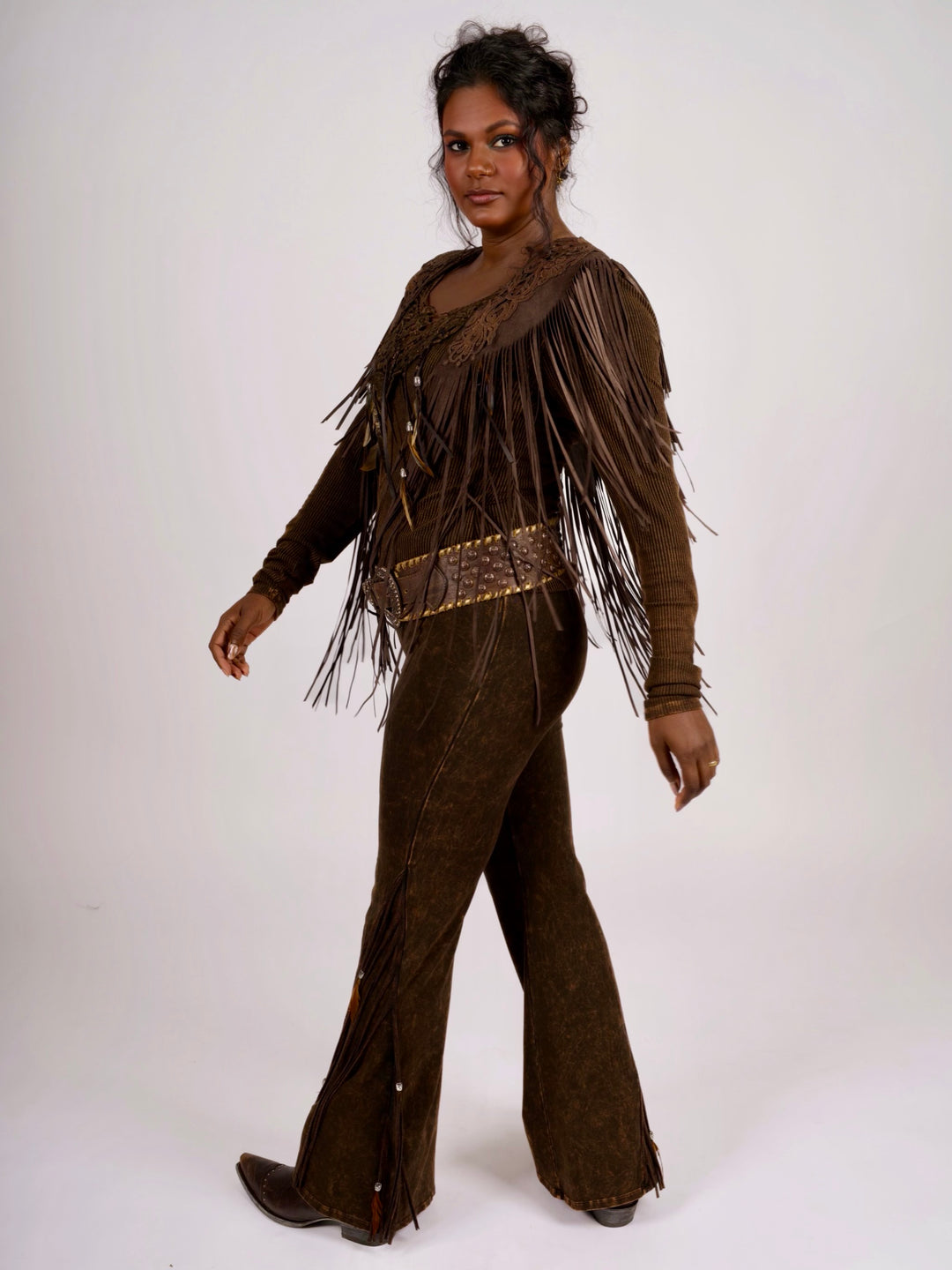 Handcrafted Chocolate Suede Shoulder Fringe Collar by Pat Dahnke