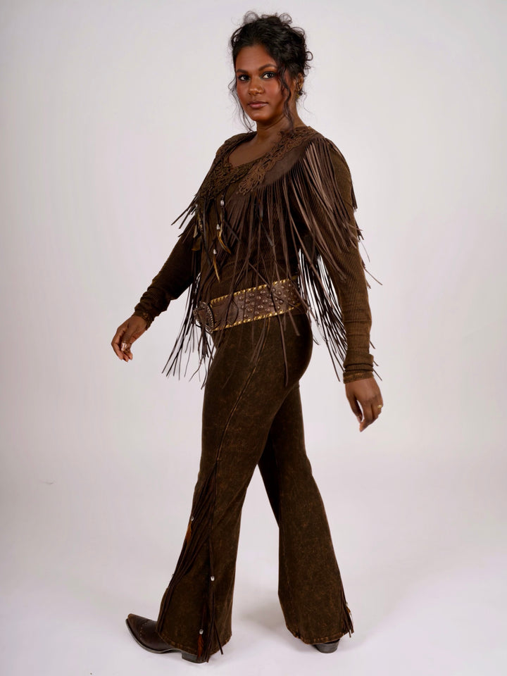 Handcrafted Chocolate Suede Shoulder Fringe Collar by Pat Dahnke