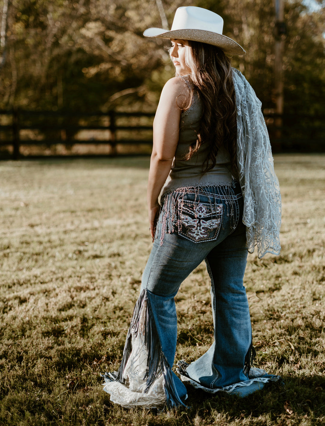 Lace Inset with Fringe Flare Jeans