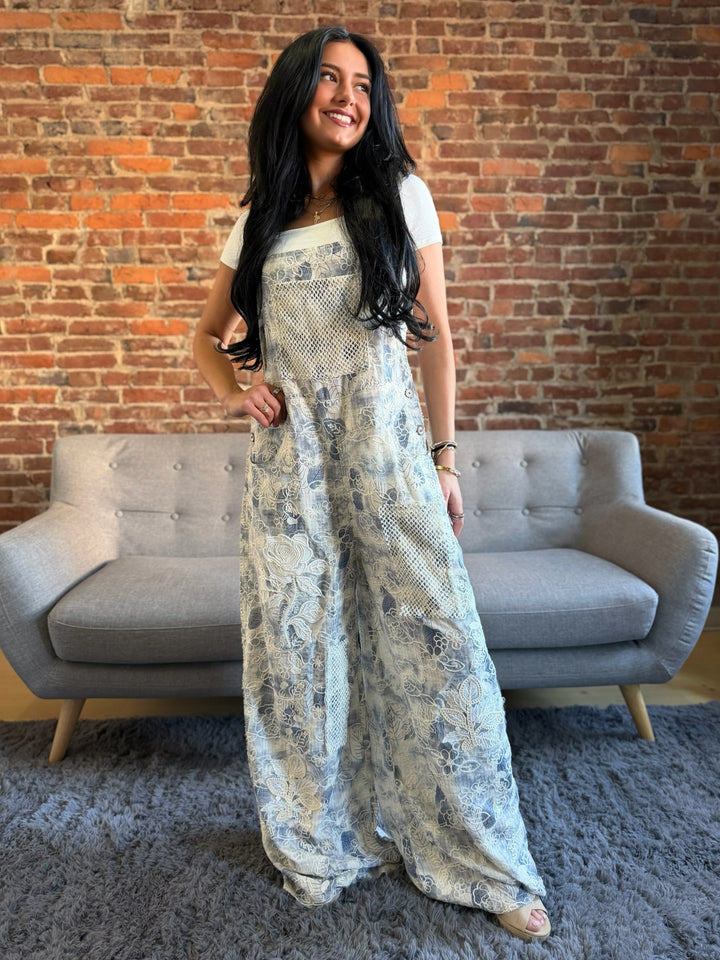 POL Indigo Blue Floral Overalls