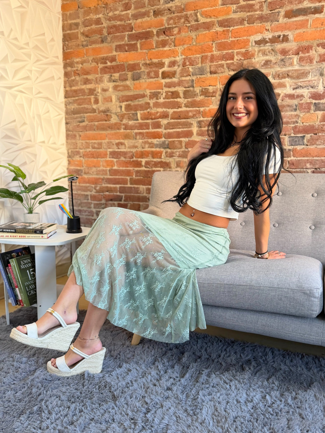 Sage Asymmetrical Lace Slip MIDI Skirt