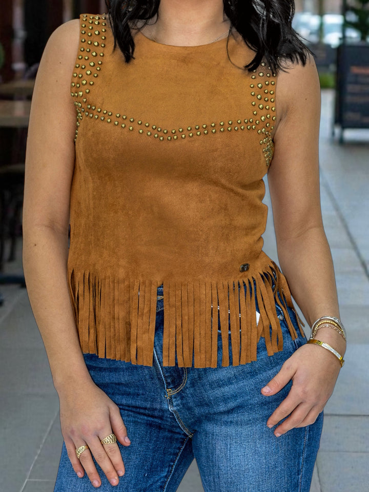 Giddy Up Glam Studded Suede Fringe Tank