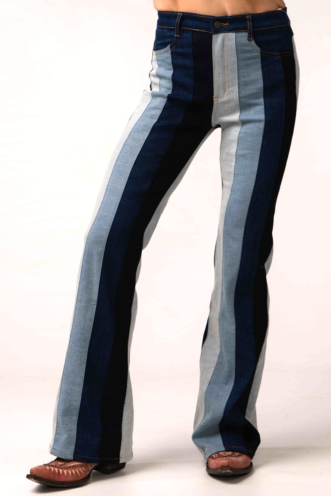 Striped Denim Color Block Flare Jeans