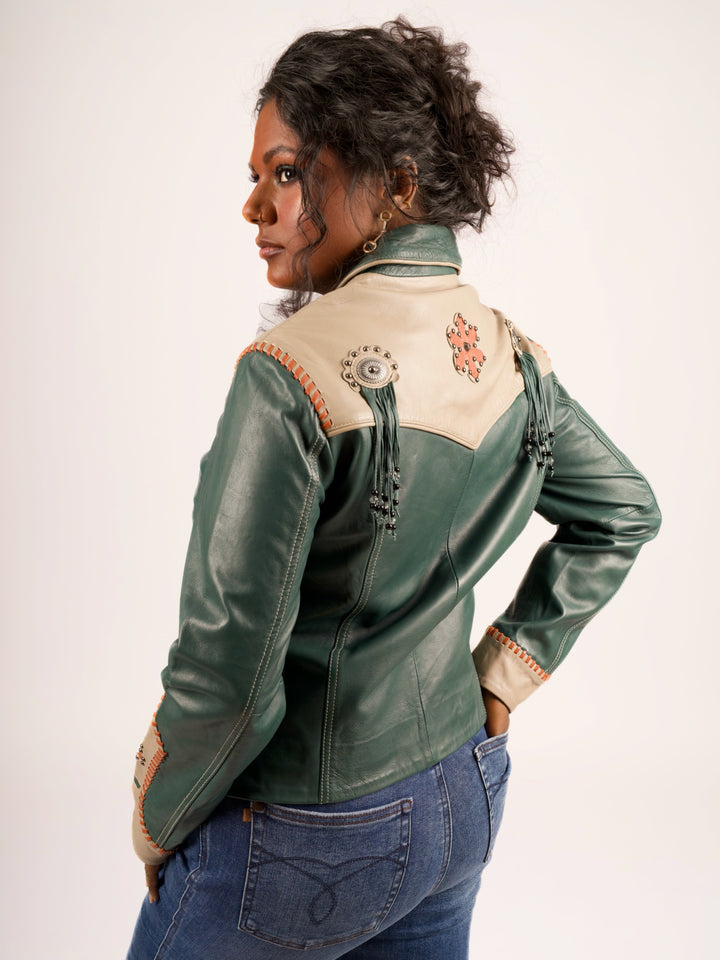 Forest Green Floral Inlay Western Leather Jacket