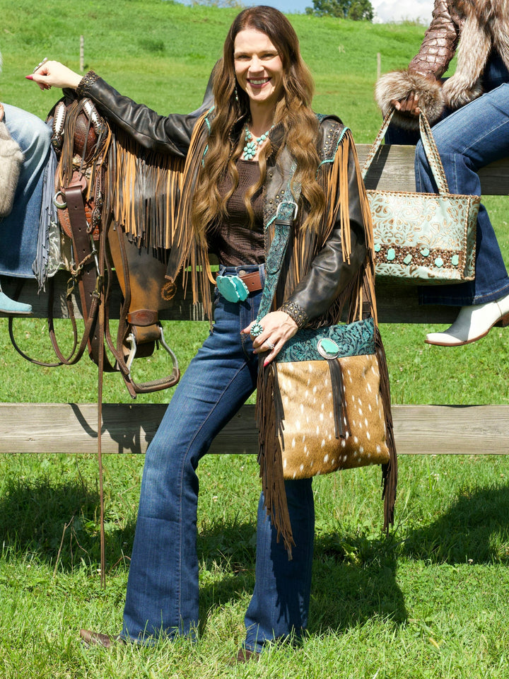 Turquoise Tooled Leather Axis Hide Large Fringe Shoulder Bag