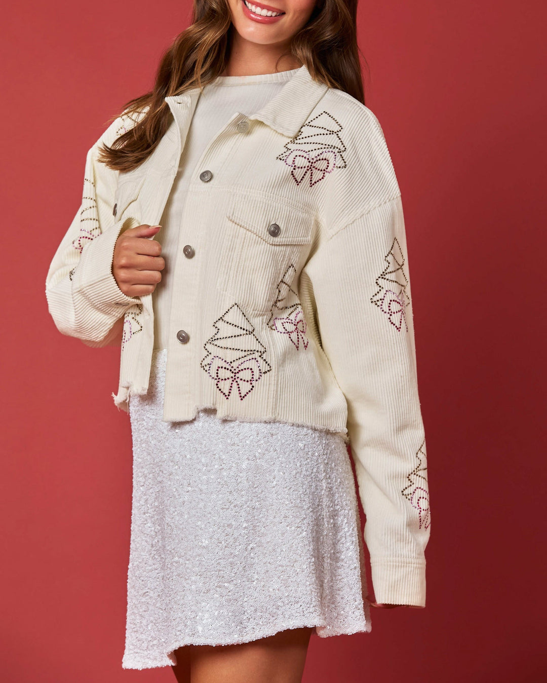 Corduroy Christmas Tree & Bow Rhinestone Jacket