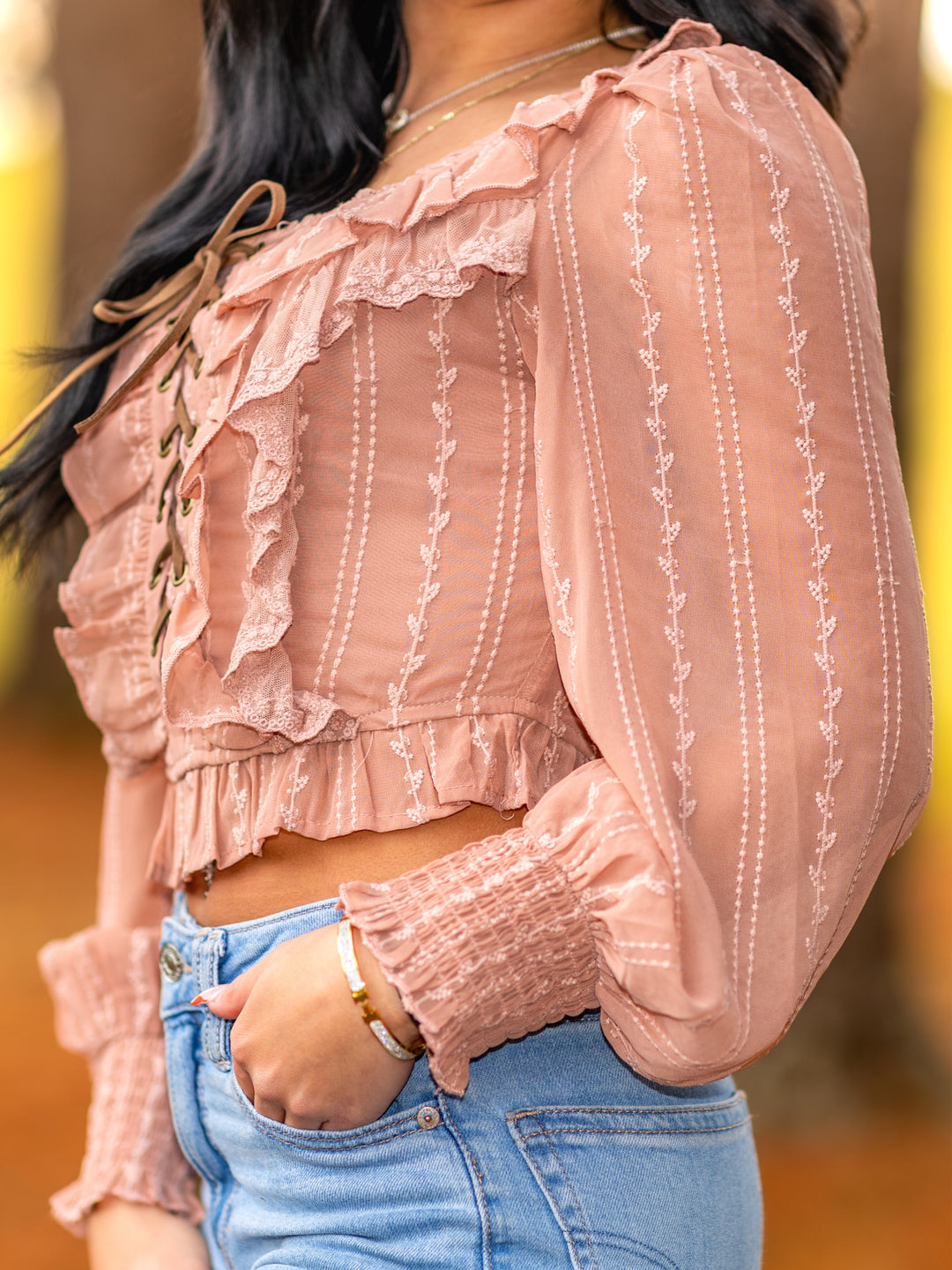 Rosewood Embroidered Peasant Blouse with Ruffled Lace-Up Front