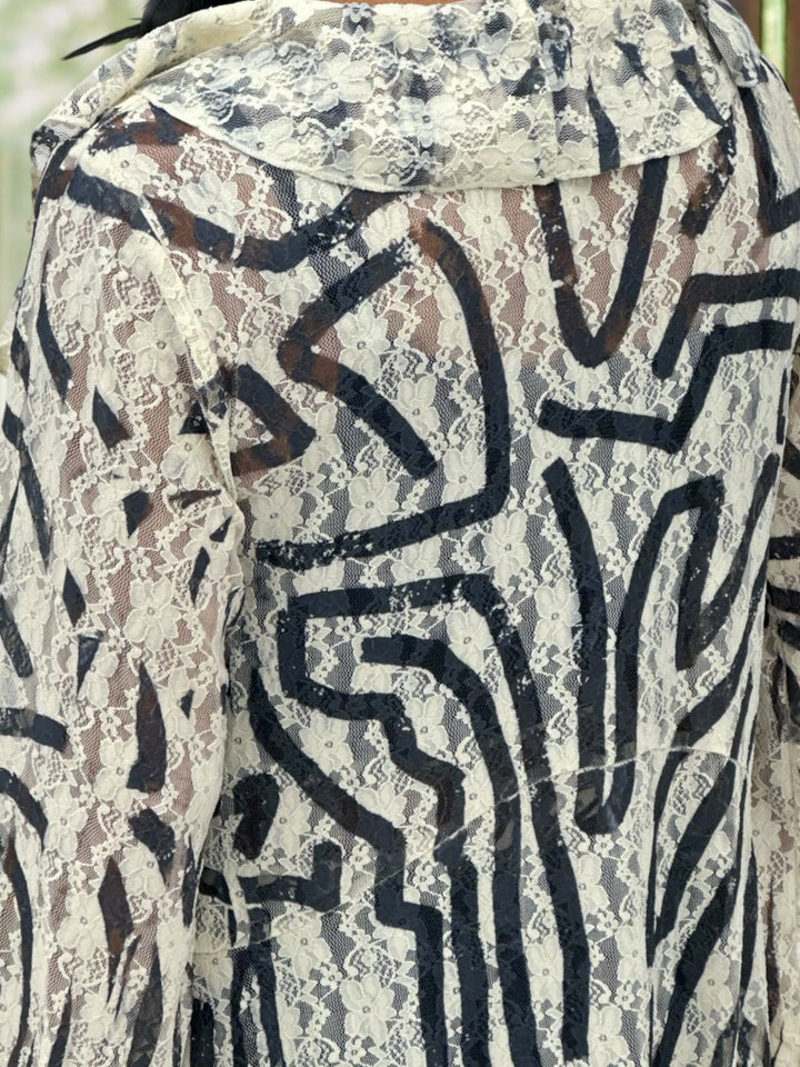 Ivory & Black Stripe Sheer Lace Duster