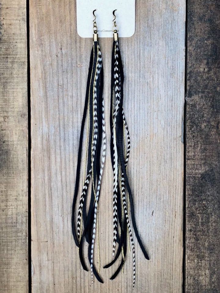 Handcrafted Long Black Leather & Feather Earrings
