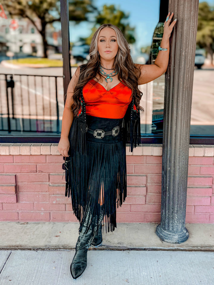 Rose Embroidered Suede Fringe Vest