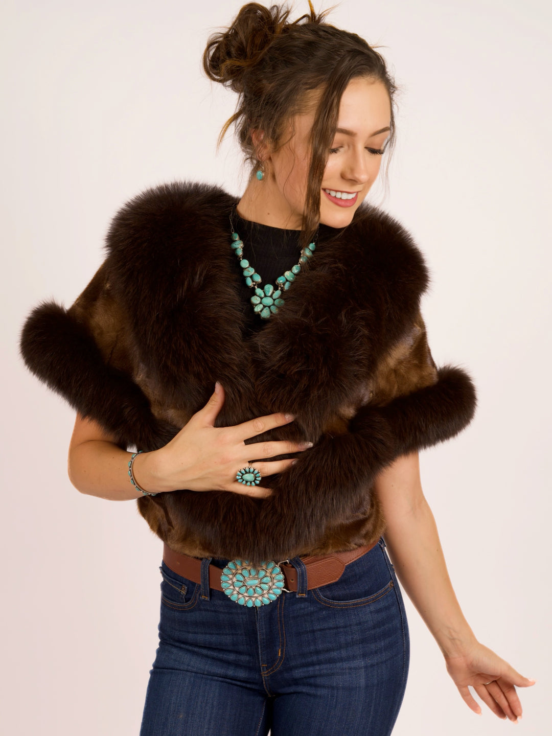 Premium Brown Mink & Fox Fur Cape