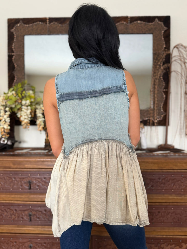 Boho Western Distressed Denim Sleeveless Tunic Top