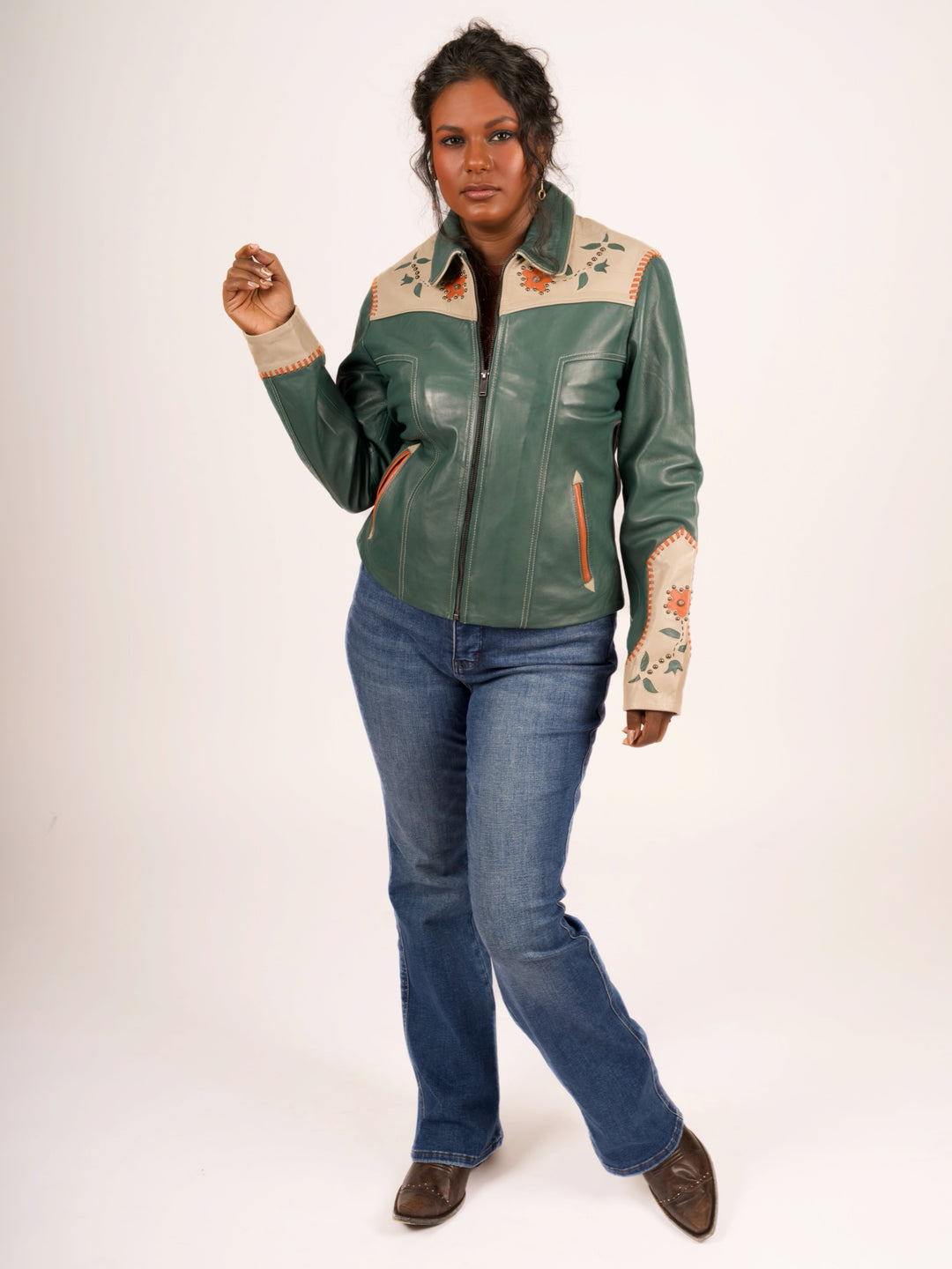 Forest Green Floral Inlay Western Leather Jacket