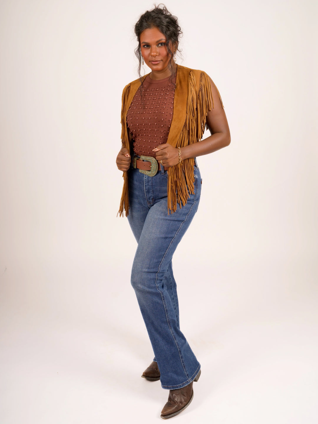 Handcrafted Cognac Suede Leather Fringe Shoulder Collar