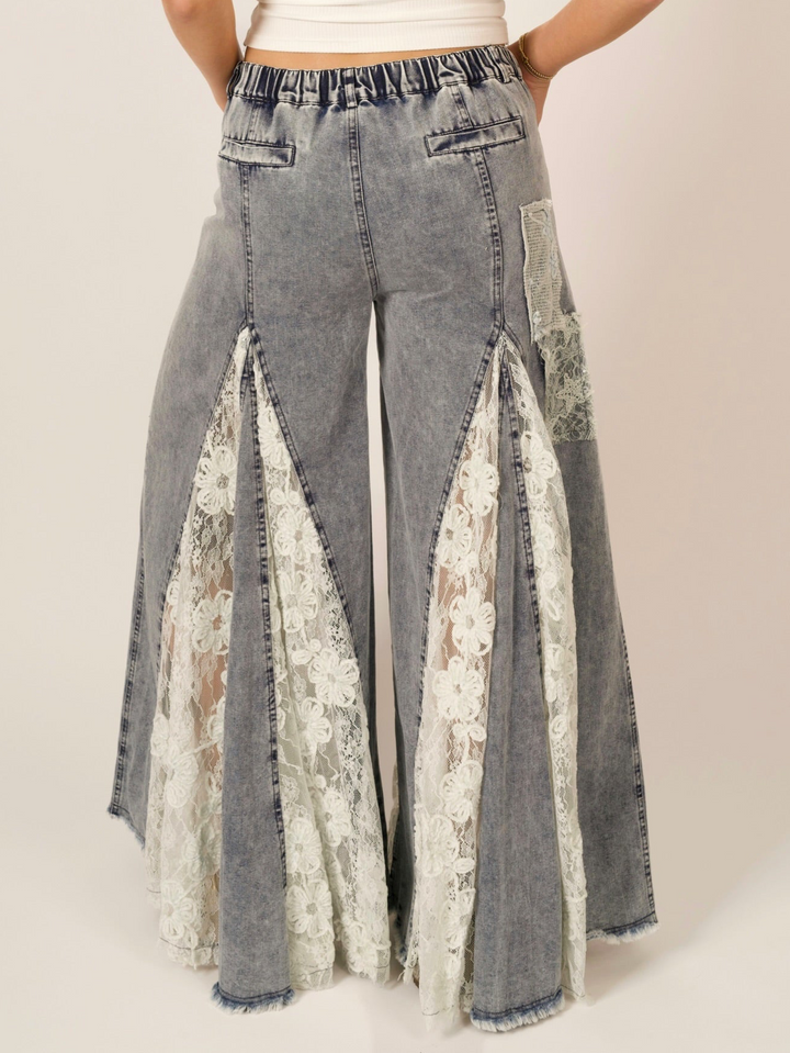 Indie Romantic Boho Lace Ruffle Wide Leg Denim Pants