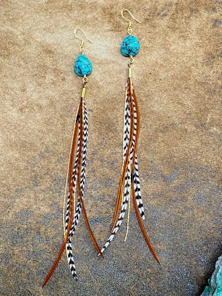 Handcrafted Turquoise & Mini Feather Statement Earrings