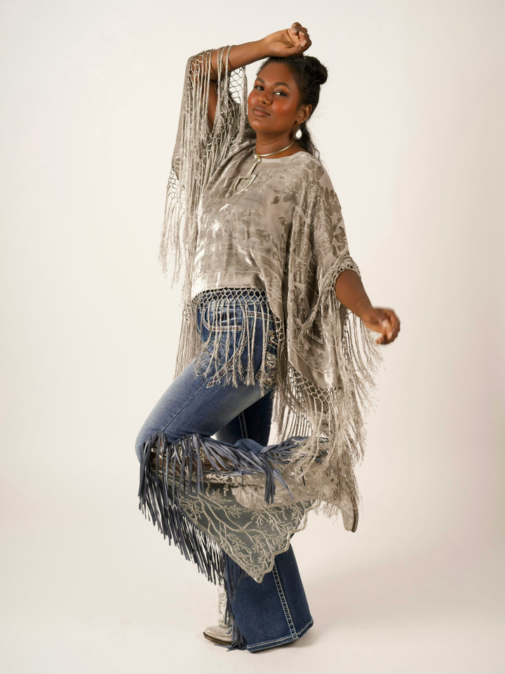 Burnout Velvet Poncho with Fringe