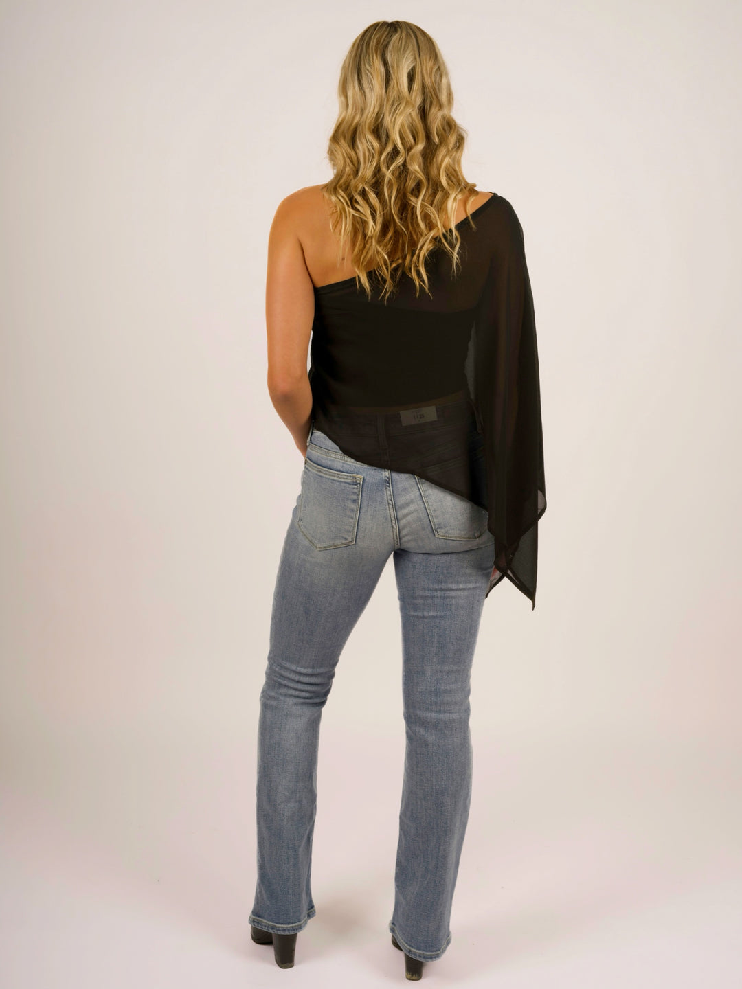 Midnight Cascade Asymmetrical One-Shoulder Cape Blouse