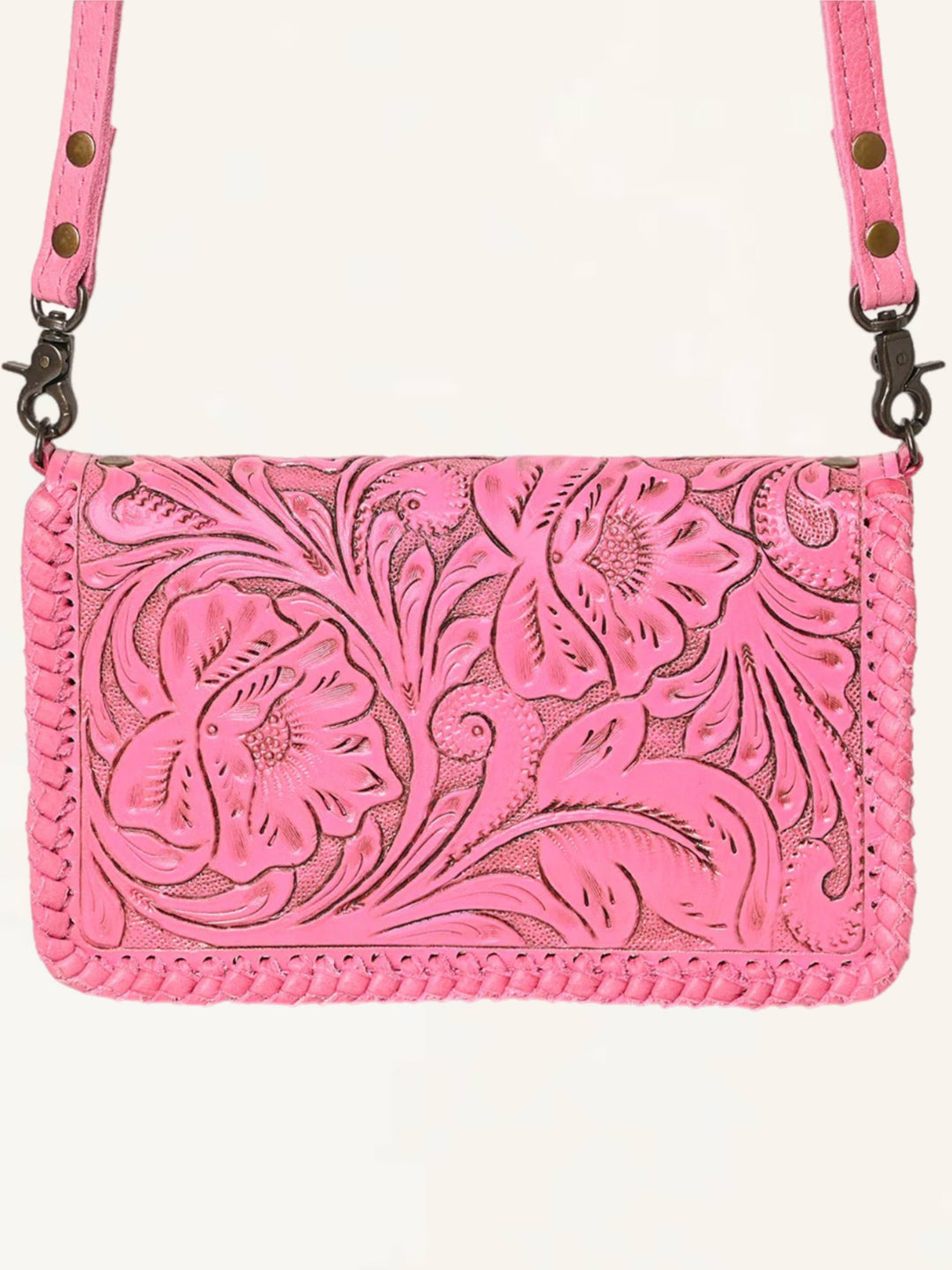 Pink Hand Tooled Leather Crossbody Clutch Wallet Bag