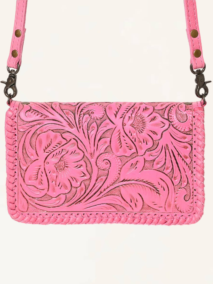 Pink Hand Tooled Leather Crossbody Clutch Wallet Bag
