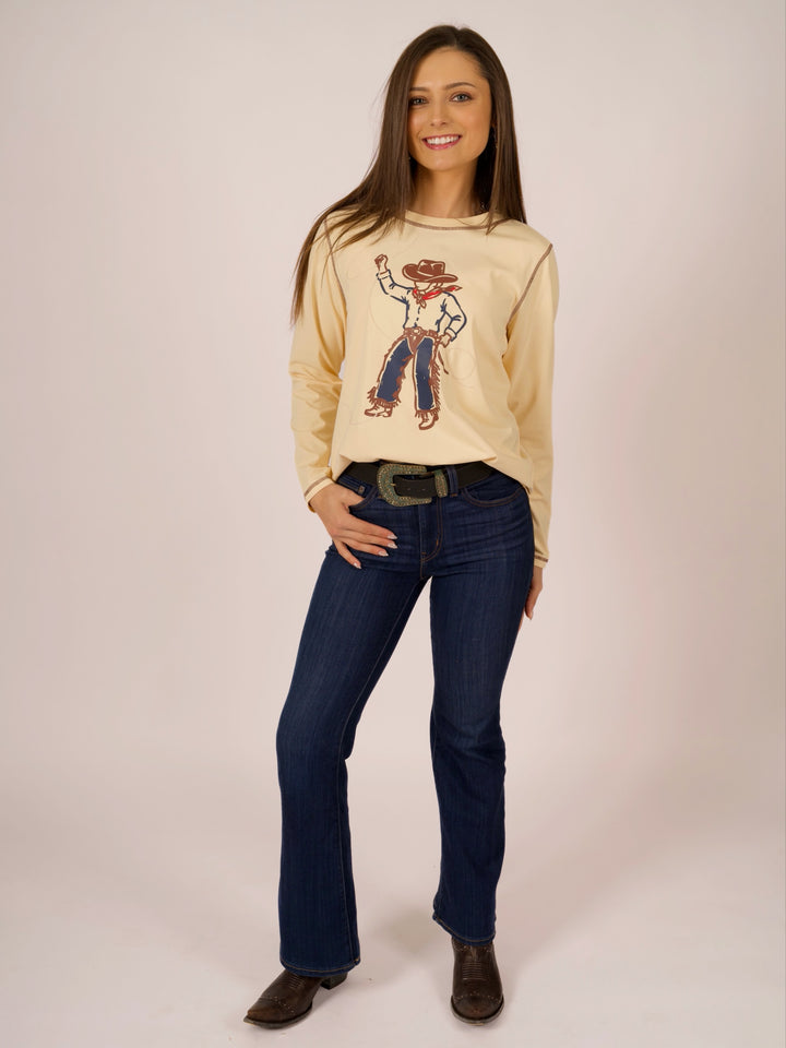 Retro Rodeo Cowboy Print Long Sleeve Top