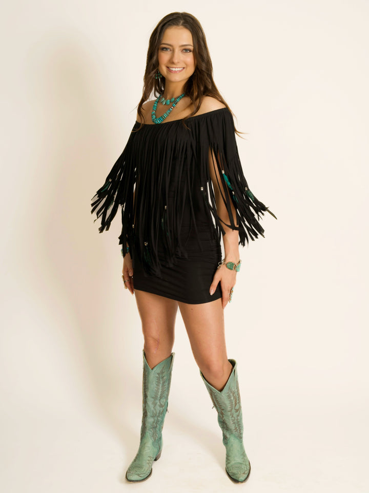 Feather & Fringe Peasant Body-con Mini Dress