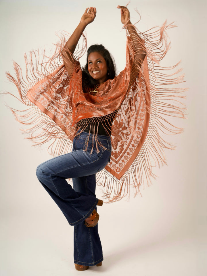 Burnout Velvet Poncho with Fringe