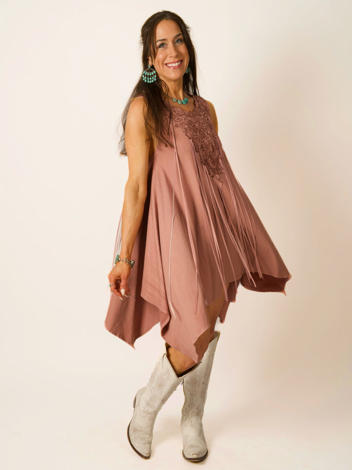 Pink Shark Bite Sleeveless Designer Dress with Pigsuede Fringe & Lace Neckline