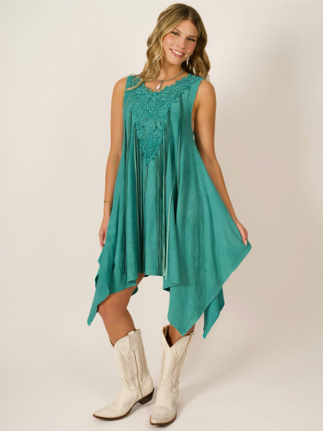 Turquoise Shark Bite Designer Sleeveless Dress w/ Deerskin Fringe & La – Salt and Grace Boutique
