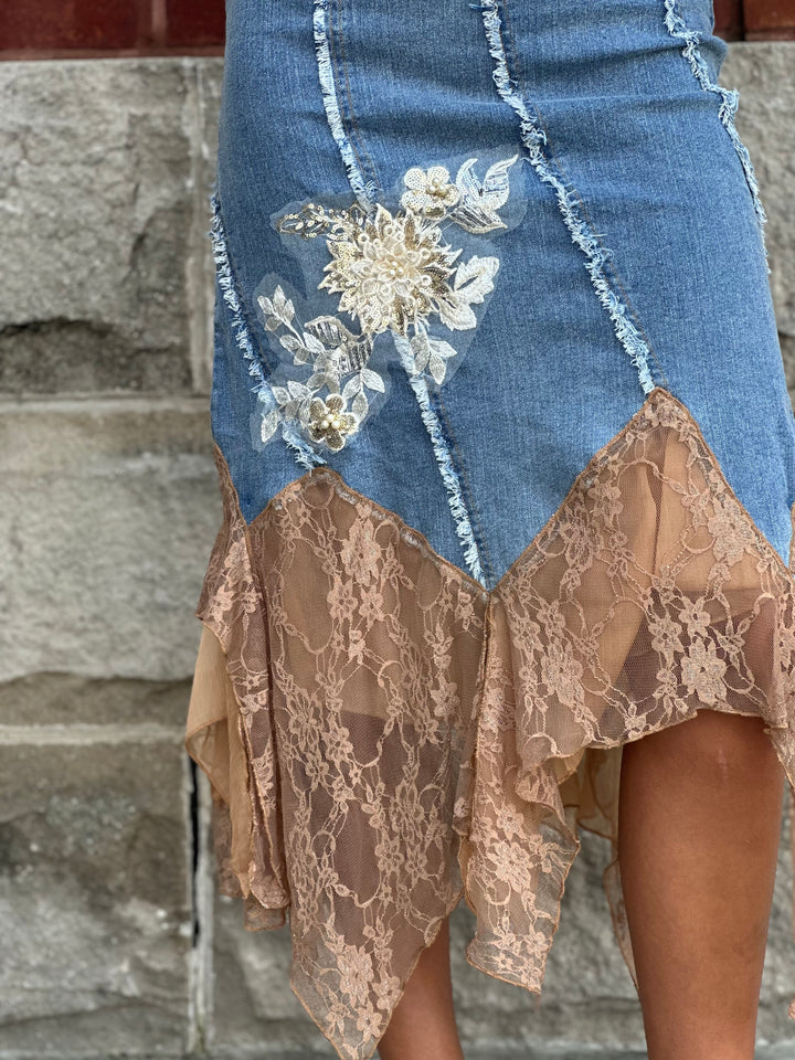 Savanna Lace Denim Midi Skirt