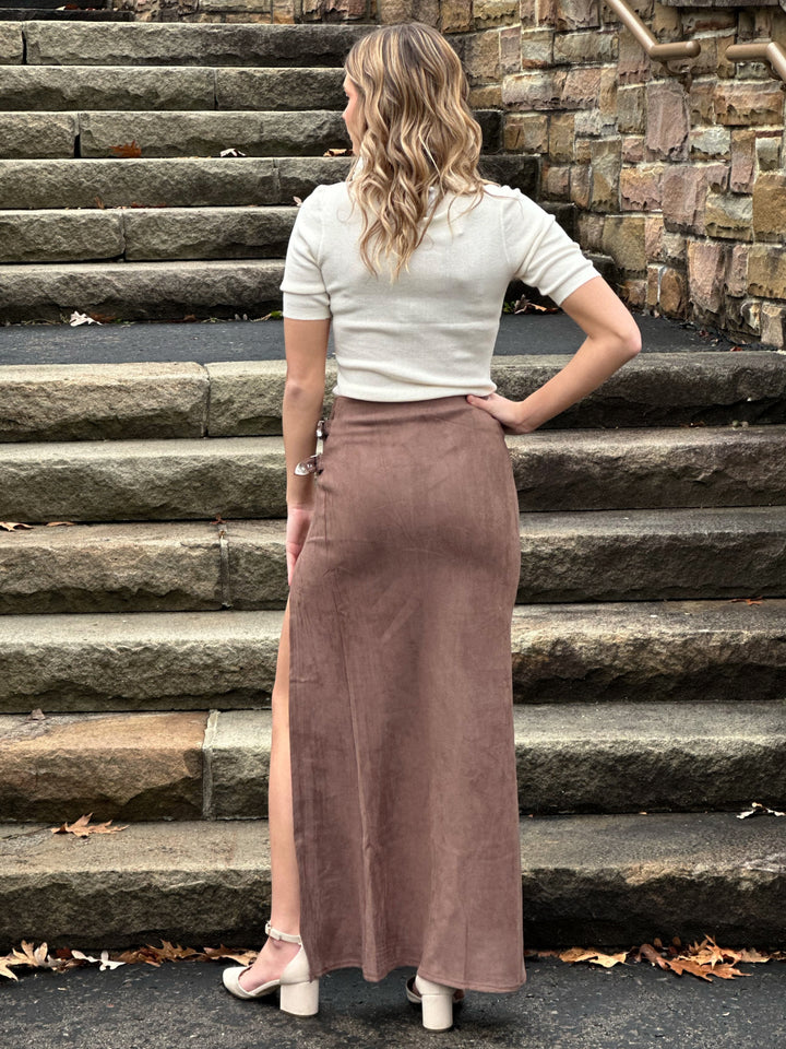 Suede Western Buckle Front Slit Maxi Skirt