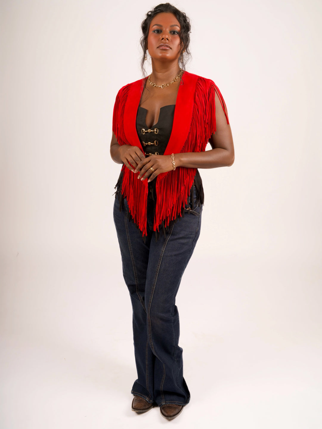 Handcrafted Red Suede Leather Fringe Shoulder Collar