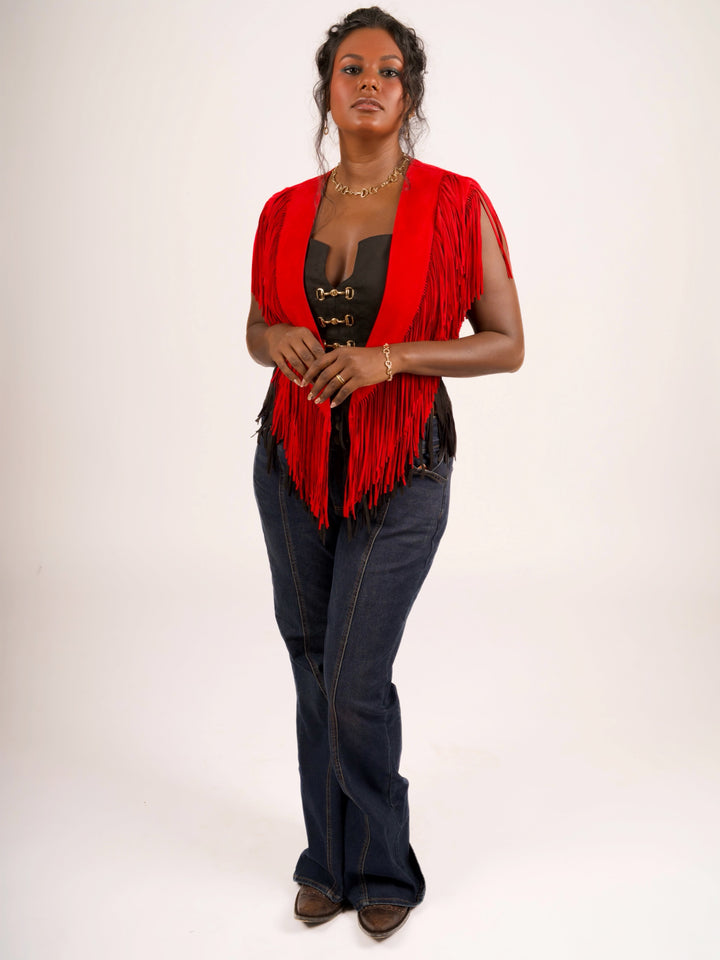 Handcrafted Red Suede Leather Fringe Shoulder Collar