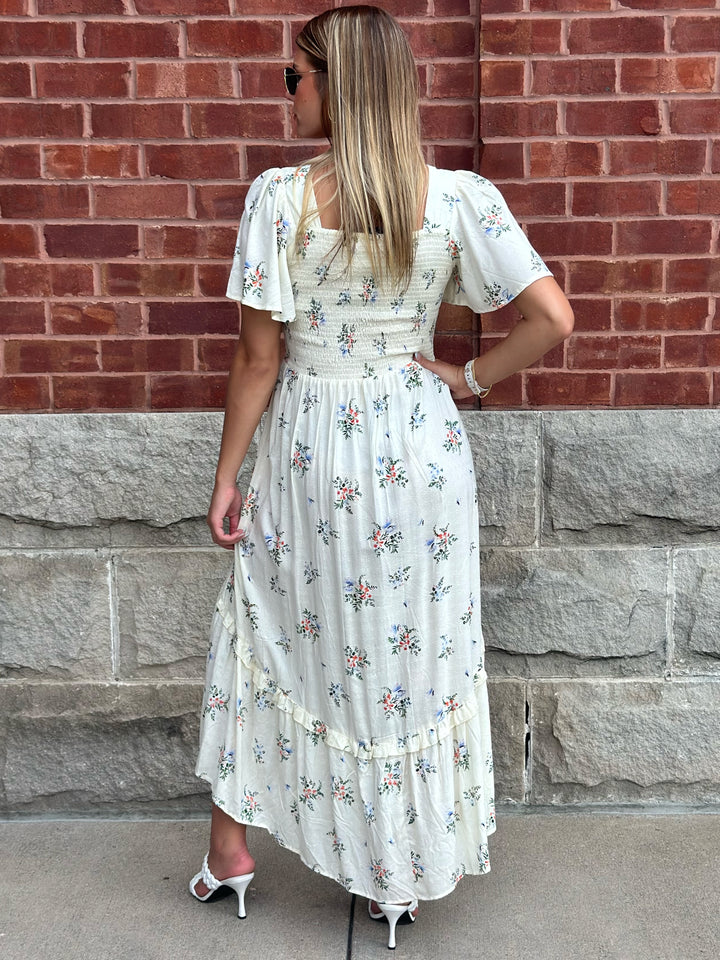 Ivory Floral Front Twist Eyelet Maxi Dress