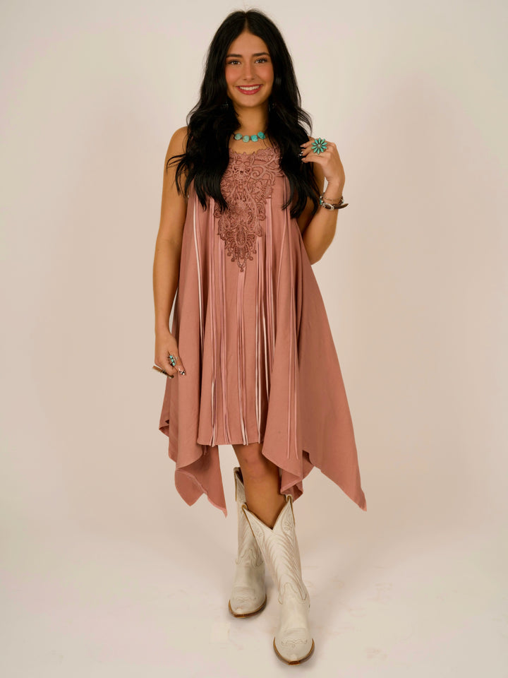 Pink Shark Bite Sleeveless Designer Dress with Pigsuede Fringe & Lace Neckline