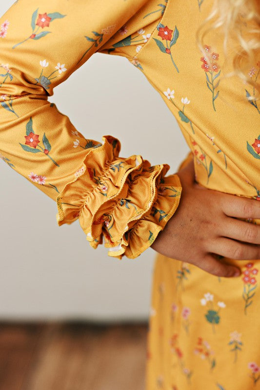 Girls Mustard Botanical Ruffle Button Dress