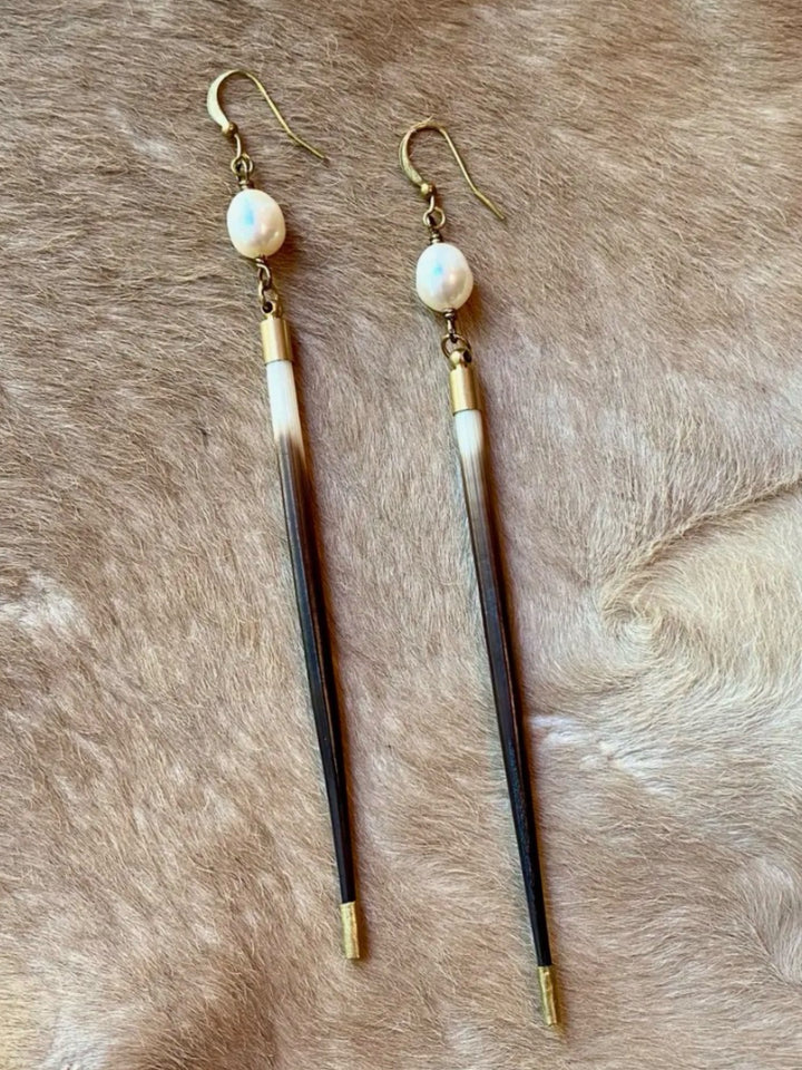 Porcupine Quill & Freshwater Pearl Dangle Earrings