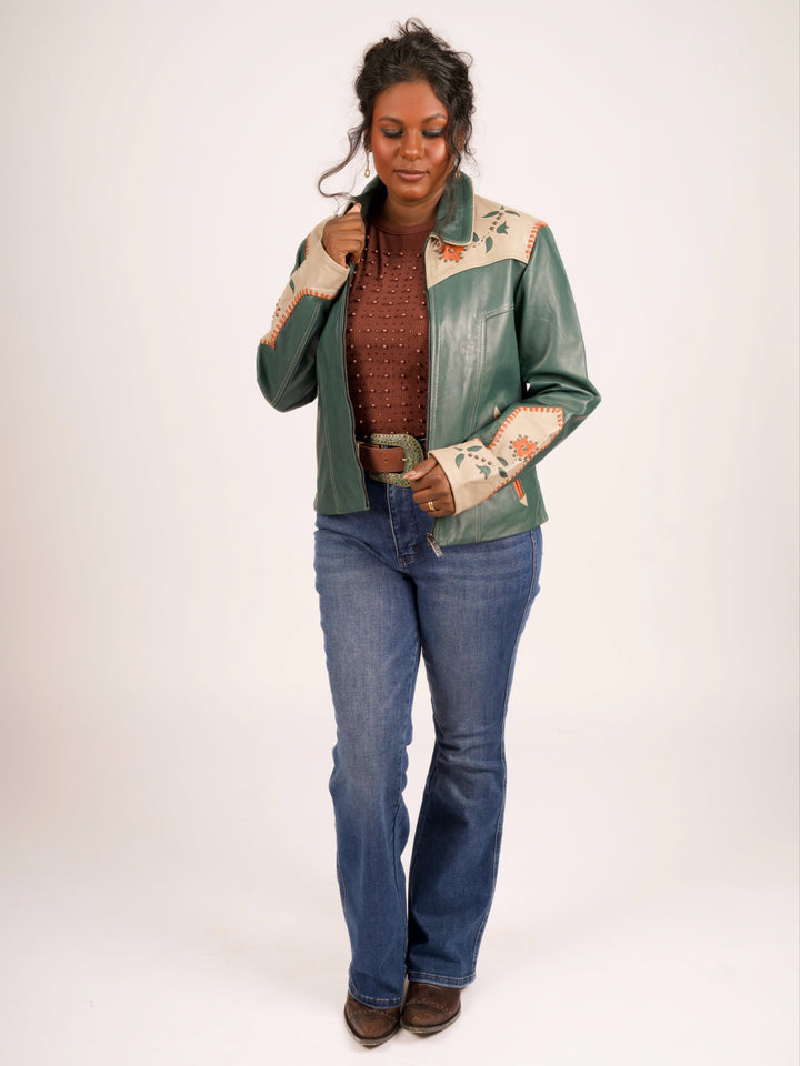 Forest Green Floral Inlay Western Leather Jacket