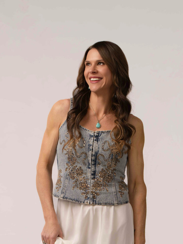 Floral Sequin Stitched Corset Denim Tank