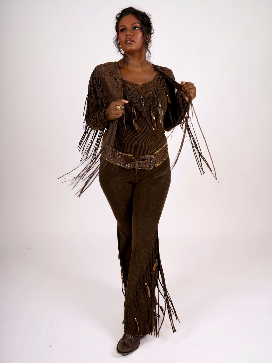 Handcrafted Chocolate Suede Shoulder Fringe Collar by Pat Dahnke