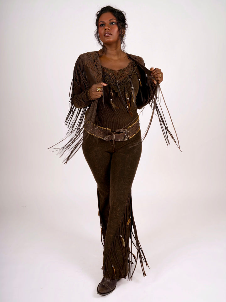 Handcrafted Chocolate Suede Shoulder Fringe Collar by Pat Dahnke