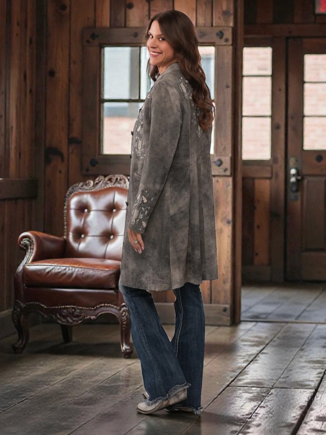 Floral Embroidery Leather Knee Length Jacket