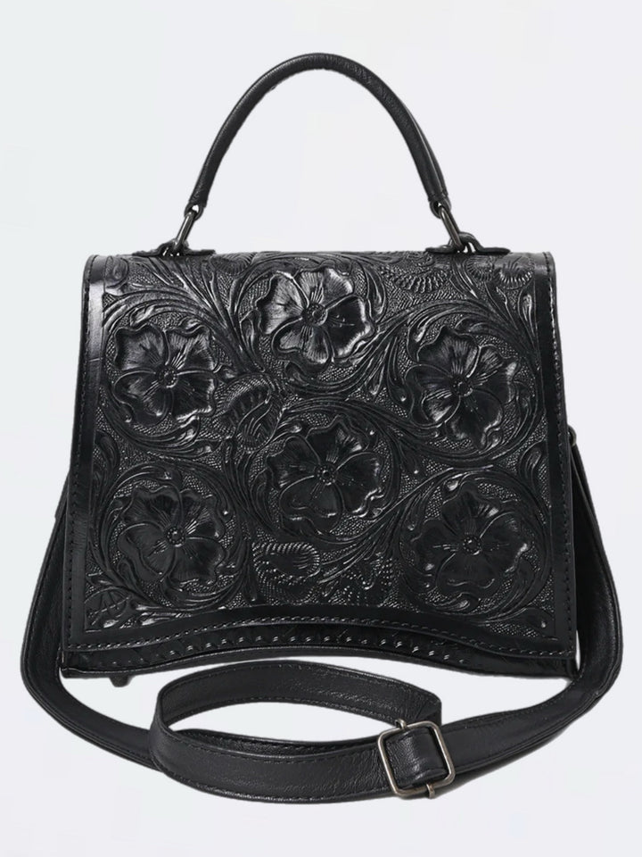 Black Hand Tooled Leather Crossbody Messenger Handbag
