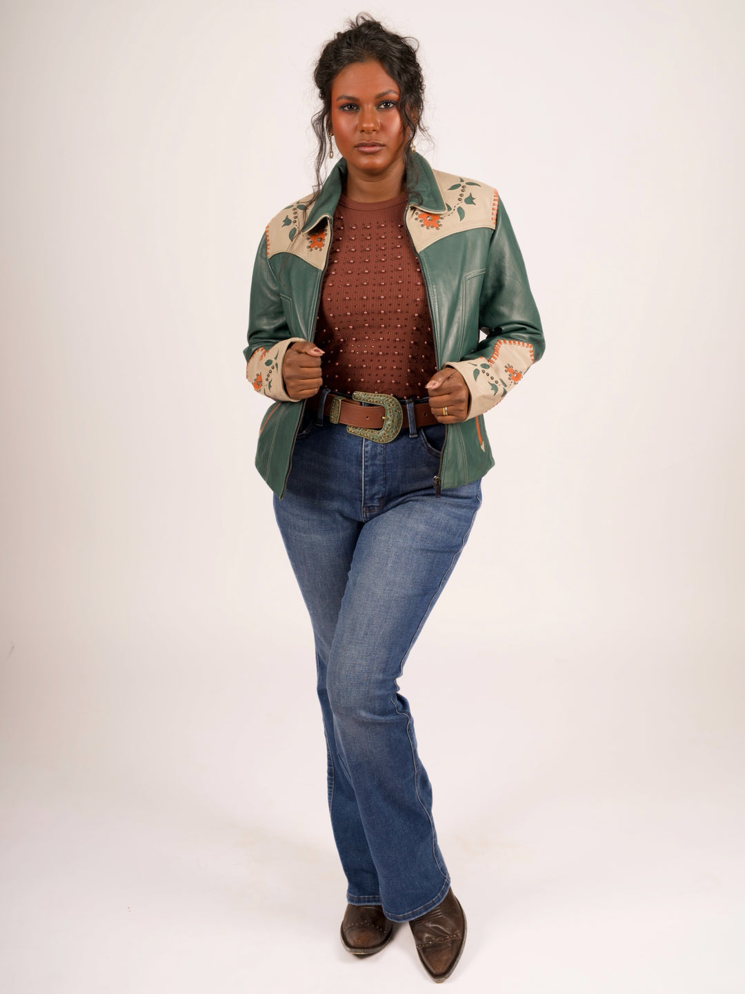 Forest Green Floral Inlay Western Leather Jacket