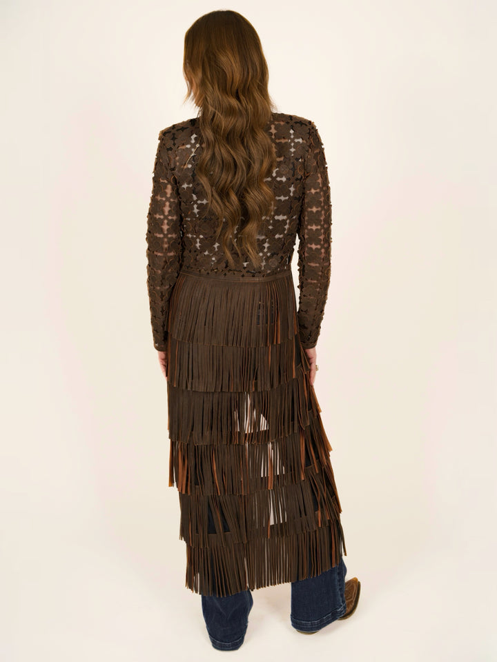 Italian Leather Laser-Cut Fringe Duster Jacket