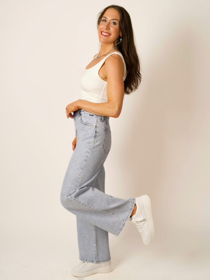 High-Rise Wide-Leg All-Over Rhinestone Jeans