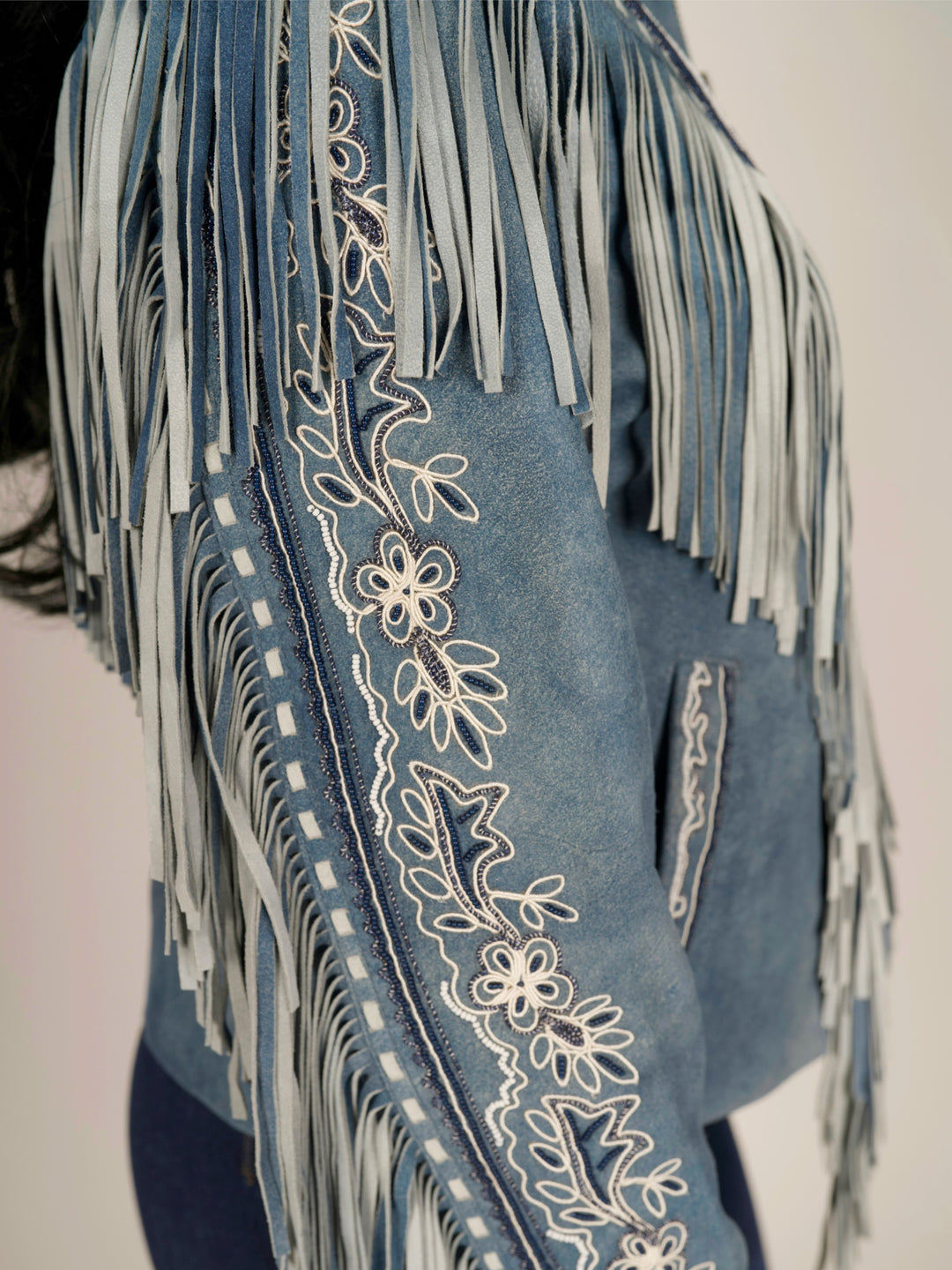 Light Blue Women’s Fringe Suede Leather Jacket