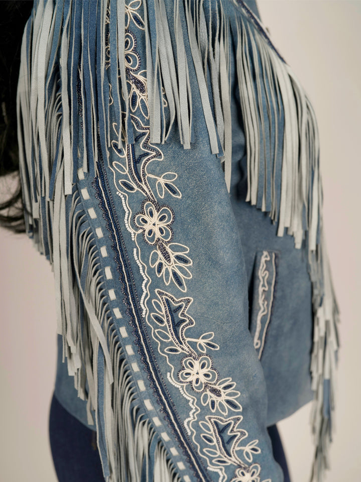 Light Blue Women’s Fringe Suede Leather Jacket