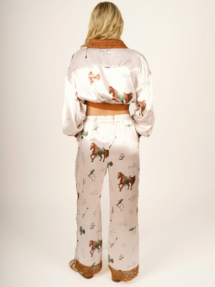 Stretch Satin Equestrian Print Pants with Lace Hem