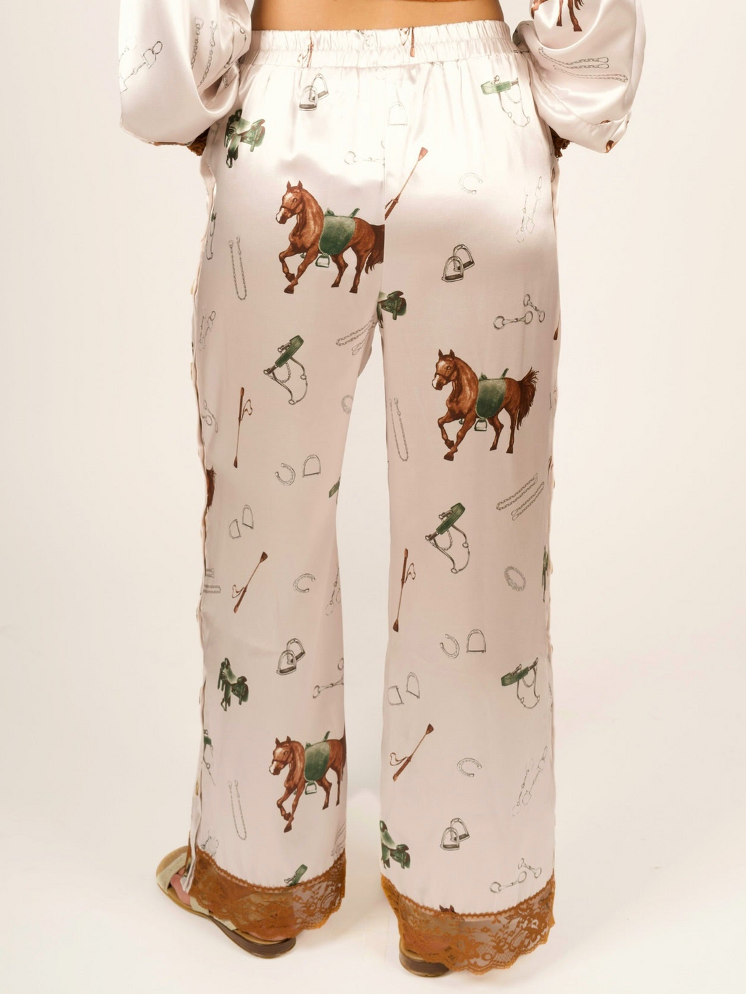 Stretch Satin Equestrian Print Pants with Lace Hem